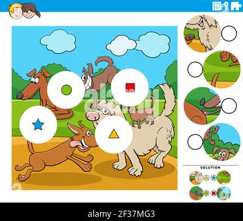 Cartoon illustration of educational match the pieces jigsaw puzzle game for children with dogs animal characters group Stock Vector