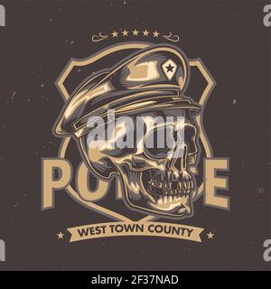 T-shirt or poster design with illustration of skull in a police hat and sunglasses Stock Vector