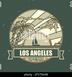 T-shirt or poster design with illustration of the beach with palms and sunset on the background Stock Vector