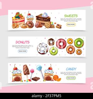 Cartoon sweet products horizontal banners with bright candies cakes ice cream chocolate bar lollipops cookie donuts with different ingredients vector Stock Vector