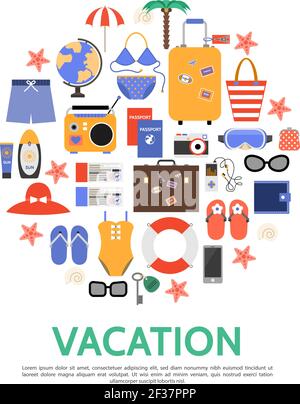 Flat beach vacation concept with bags palm globe sunglasses lifebuoy wallet umbrella passport tickets slippers radio camera swimsuit swimming trunks m Stock Vector