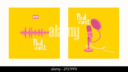 Podcast covers. Stand-type studio microphone with pop filter and cord. Pink soundtrack on a yellow background. Hand drawing illustration for blogging. Stock Vector
