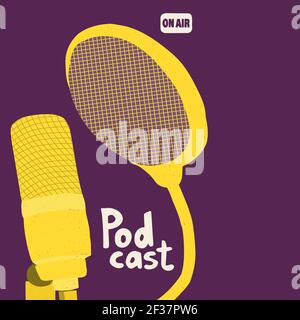 Cover for a podcast show. Studio microphone with pop filter. Yellow illustration on a purple background. Hand drawing illustration for blogging. Stock Vector