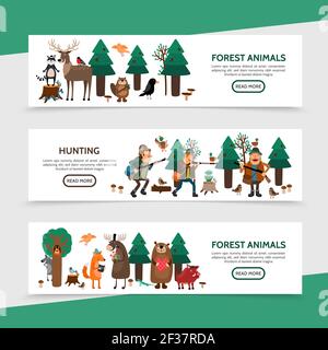 Flat hunting horizontal banners with hunters birds raccoon deer elk beaver frog snake fox bear wild boar in forest vector illustration Stock Vector