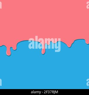 Pink paint or other liquid flows down or drips on a turquoise vector background in pastel colors. For your cartoon style design. Stock Vector