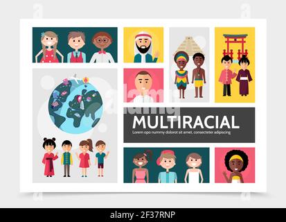 Flat multiracial people infographic concept with multiethnic and multicultural families globe national sights vector illustration Stock Vector