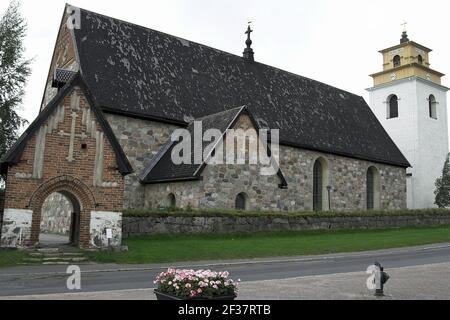 Sweden, Schweden; Gammelstad Church Town; Kirchendorf; Nederluleå Church - general view; kościół z kamienia, Stock Photo