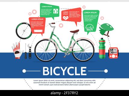 Flat bicycle elements composition with bike wheel bottle helmet speedometer glove wrench screwdriver speech bubbles gears isolated vector illustration Stock Vector