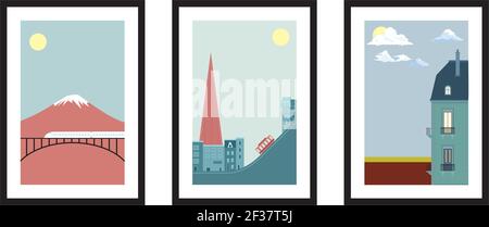 Three different design minimalist poster in black frame with minimalist poster train mountain clouds sun - vector Stock Vector