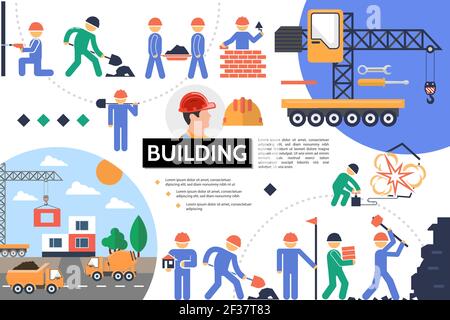 Flat building infographic template with construction site builders industrial works and vehicles vector illustration Stock Vector