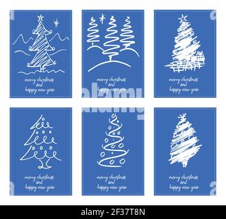 Six minimalist posters typography merry christmas and happy new year with differents christmas tree - vector Stock Vector