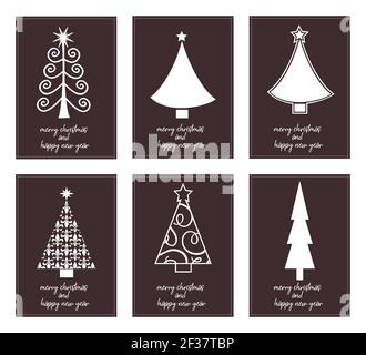 Six minimalist posters typography merry christmas and happy new year with differents christmas tree - vector Stock Vector