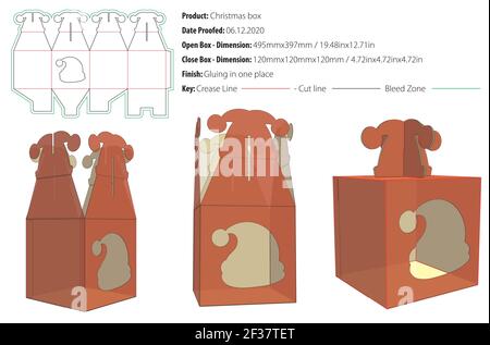 Christmas box with handle santa claus hat on top packaging design template gluing die cut - vector Stock Vector