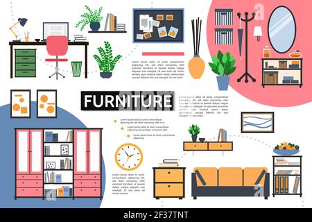 Flat furniture infographic concept with designer workplace plants cupboard pictures clock nightstands mirror rack desk shelves sofa plate of fruits ve Stock Vector