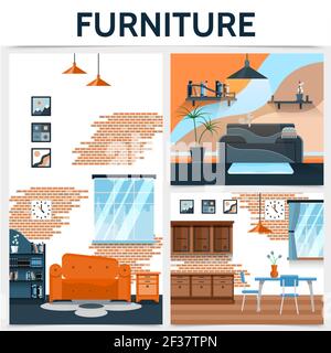 Flat home interior concept with sofa cupboard window lamp table chairs pictures clock flower shelves brick wall design vector illustration Stock Vector