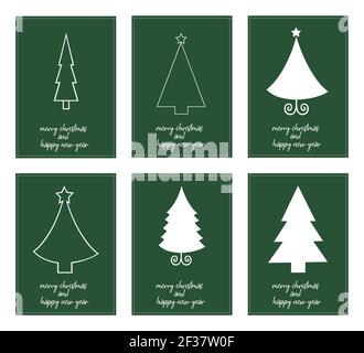 Six minimalist posters typography merry christmas and happy new year with differents christmas tree - vector Stock Vector