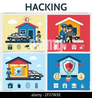 Flat house security system hacking concept with hackers police lock camera remote control safe alarm palm eye fingerprint scanning protection icons ve Stock Vector