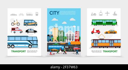 Flat city transport posters with bicycle van ambulance police car bus tram scooter taxi people on street urban road traffic isolated vector illustrati Stock Vector