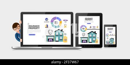 Flat property insurance service concept with estate garage car shield siren lock diagram adaptive for laptop tablet mobile screens isolated vector ill Stock Vector