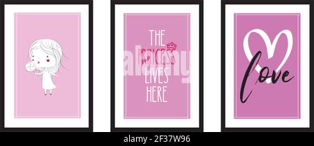 Three different design minimalist poster little princess in black frame with daily typography quotes - vector Stock Vector