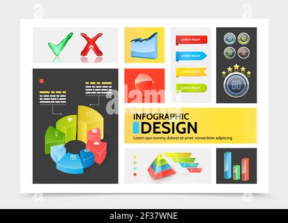 Realistic infographic elements colorful concept with charts circle diagrams ribbon banners bars pyramid business icons check marks graphs vector illus Stock Vector