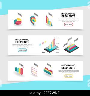 Isometric infographic elements horizontal banners with charts graphs and diagrams for business reports and analytics vector illustration Stock Vector