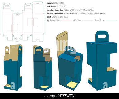 Two bottle holder with two windows tuck tongue lock and top handles packaging design template gluing die cut - vector Stock Vector