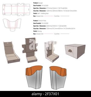 Burger and french fries packaging template self lock,gluing die cut vector Stock Vector