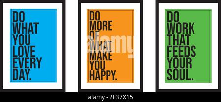 Three different design minimalist poster in black frame with daily typography quotes - vector Stock Vector