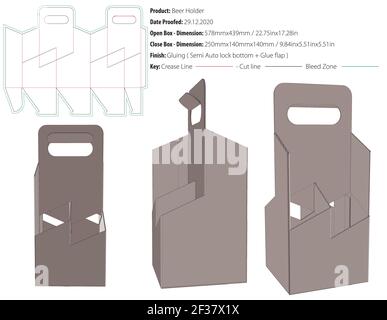 Four bottle holder top handles packaging design template gluing semi auto lock bottom die cut - vector Stock Vector