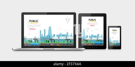 Flat public transport concept with subway cars bus airplane pedestrians urban traffic adaptive for laptop tablet phone screens isolated vector illustr Stock Vector