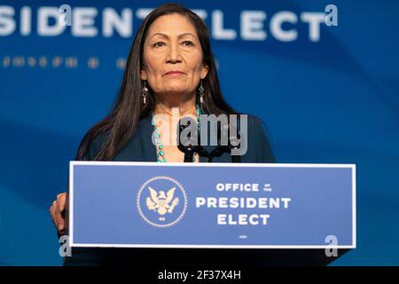 Wilmington, Delaware, USA. 19th Dec, 2020. Congresswoman DEB HAALAND delivers remarks after being introduced as US President-elect Joe Bidens nominee to be the next US Secretary of Interior at the Queen Theater in Wilmington. Credit: Alex Edelman/ZUMA Wire/Alamy Live News