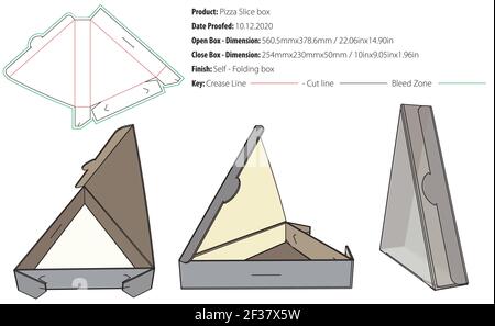 Pizza slice box three-cornered base with rounded rear panel - full cover reclosable opening with locking device packaging template - vector Stock Vector