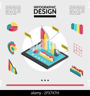 Isometric infographic elements concept with diagrams graphs and charts on tablet screen isolated vector illustration Stock Vector