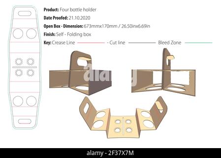 Four bottle holder top handles packaging design template selflock die cut - vector Stock Vector