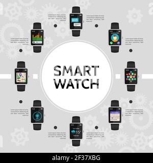 Flat smart watch round concept with weather navigation map microphone calendar call chat music applications and widgets vector illustration Stock Vector