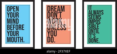 Three different design minimalist poster in black frame with daily typography quotes - vector Stock Vector