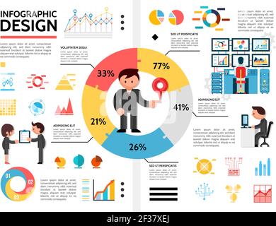 Flat infographic elements concept with man standing in center of pie chart diagrams graphs business people holding checklist and working on computer v Stock Vector
