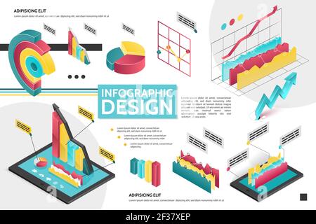 Isometric modern infographic concept with diagrams graphs pie charts for business presentation vector illustration Stock Vector