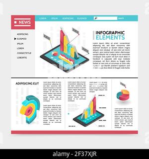 Isometric infographic elements website concept with navigation menu text colorful 3d diagrams graphs and charts vector illustration Stock Vector