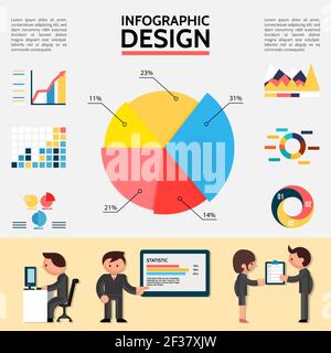 Flat abstract infographic template with graphs charts diagrams and business people in different situations vector illustration Stock Vector