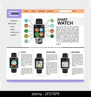 Flat modern technology website template with smart watch sport and fitness widgets call navigation reminder applications vector illustration Stock Vector