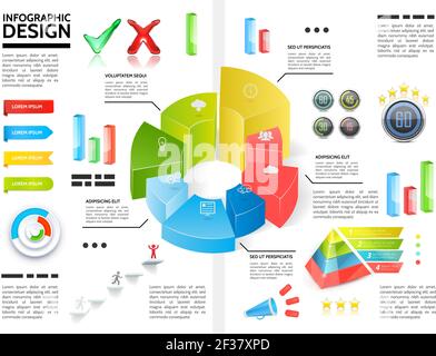 Realistic colorful infographic template with circle diagrams charts pyramid ribbons check marks megaphone bars business icons vector illustration Stock Vector