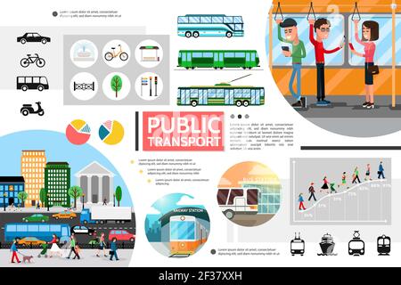Flat public transport elements composition with bus trolleybus subway bicycle light traffic passengers city tram scooter ship diagrams vector illustra Stock Vector