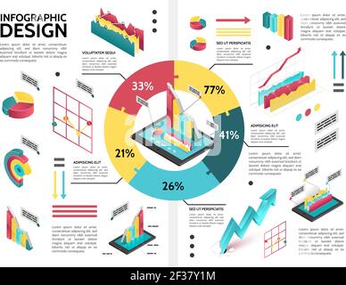 Isometric colorful business infographic template with cycle diagram pie chart graphs arrows data vector illustration Stock Vector