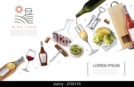 Realistic wine elements composition with bottles glasses of wine corks paper bag corkscrews green olives cheese grape bunches on plate vector illustra Stock Vector