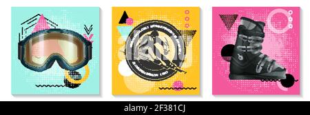 Colorful winter sport cards set with realistic snowboarding glasses boot monochrome skier label on modern geometric backgrounds isolated vector illust Stock Vector