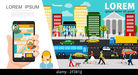 Flat taxi service composition with operator mobile taxi order application people vehicles moving on road in city vector illustration Stock Vector