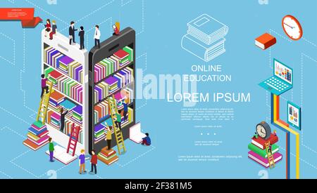 Isometric online education and learning concept with students bookshelves with books on mobile screens alarm clock laptop and tablet vector illustrati Stock Vector