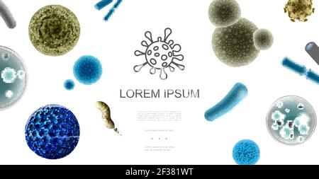 Realistic microscopic organisms concept with colorful bacteria germs and viruses of different shapes vector illustration Stock Vector